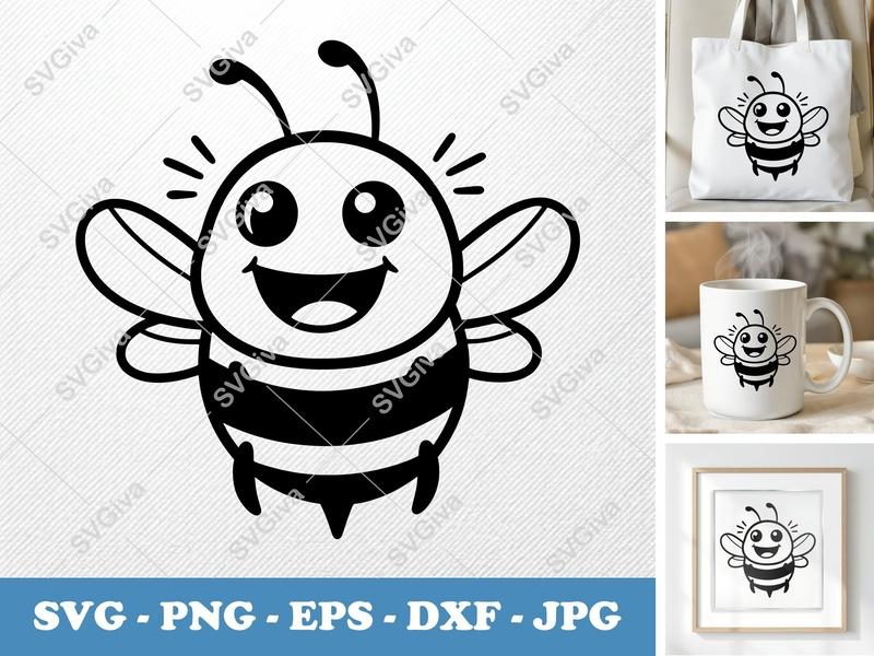 Bee SVG | Happy Cartoon Bee, Modern Bumblebee Cut File | PNG EPS DXF for Cricut, Silhouette | Cute Honey Bee Vector Clipart