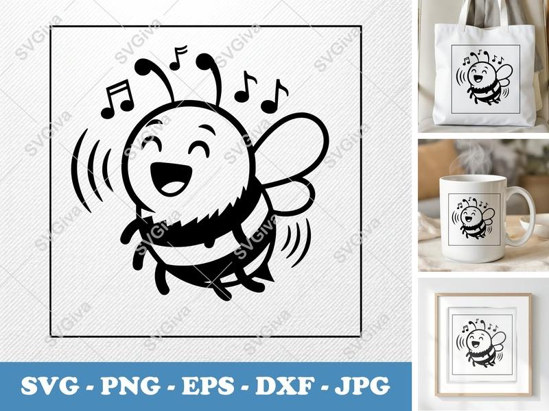 Bee SVG | Happy Singing Buzzing Bee with Music Notes | PNG EPS DXF for Cricut & Silhouette | Cute Insect Design