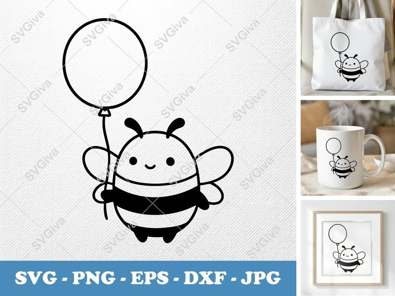 Bee SVG | Modern Cute Balloon Design | PNG EPS DXF for Cricut & Silhouette | Kawaii Insect Vector Art