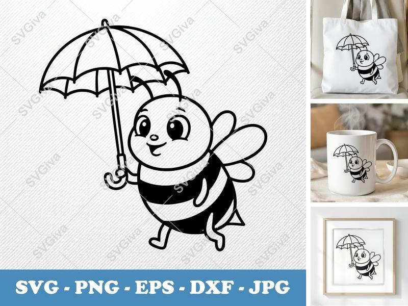 Bee SVG with Umbrella | Cute Cartoon Bee | PNG EPS DXF | Cricut Silhouette Cut File | Modern Clean Design