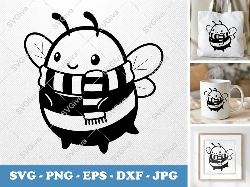 Bee wearing a Scarf SVG | Puffy Soft Kawaii Bee | Inflated Pillow Bee PNG DXF EPS | Cricut Silhouette File