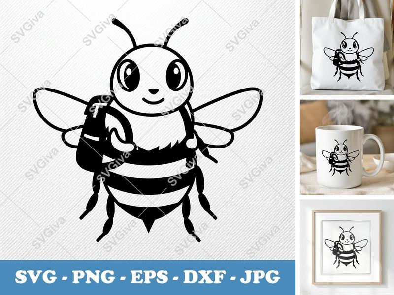 Bee wearing backpack SVG | Cute Minimalist Vector | Bold Contour Design | PNG DXF EPS | Cricut Silhouette File