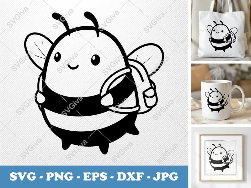 Bee wearing backpack SVG | Puffy Soft Shapes | Inflated Pillow Bee PNG DXF EPS | Cricut Silhouette File