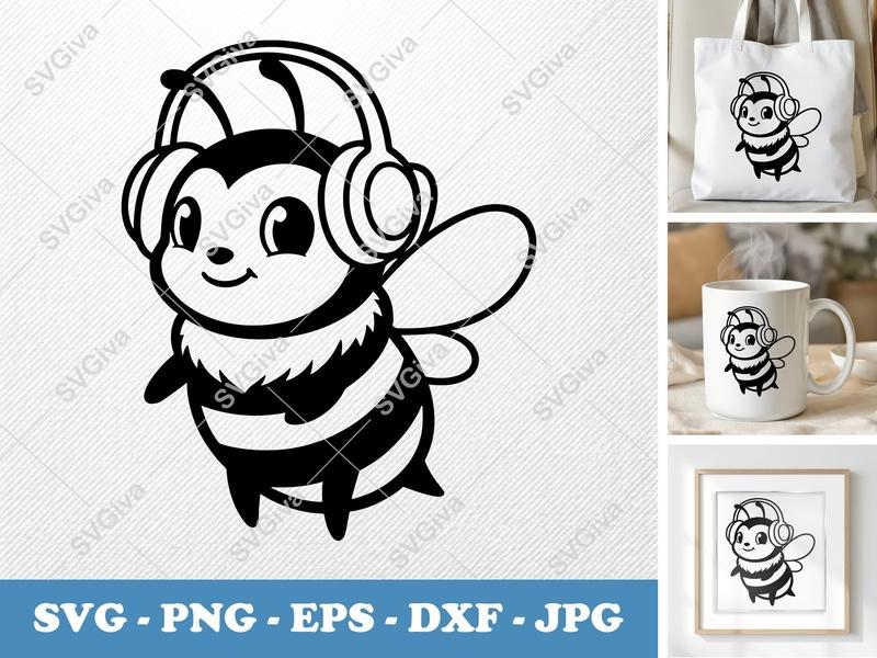 Bee Wearing Headphones SVG | Friendly Rounded Body Bean-Shaped Cut File | PNG DXF EPS | Cricut Silhouette Vector