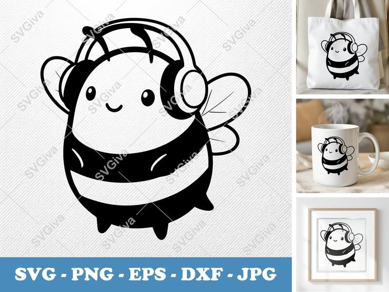 Bee Wearing Headphones SVG | Puffy Inflatable Bee PNG DXF EPS | Cricut Silhouette Cut File