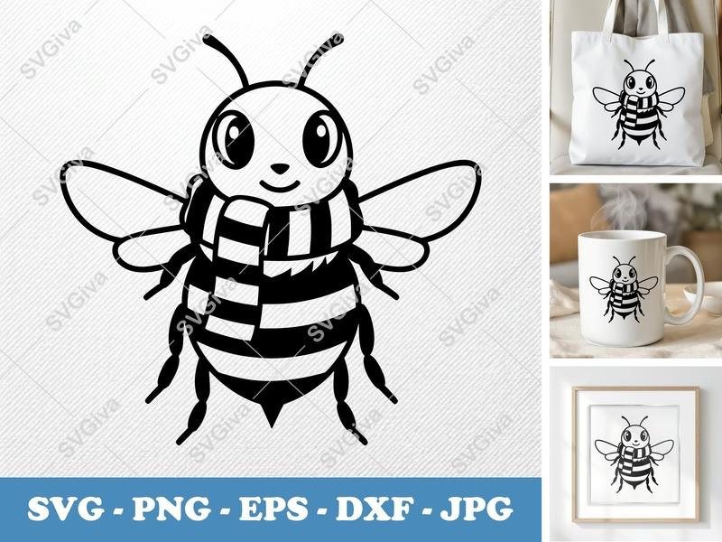 Bee Wearing Scarf SVG | Cartoon Minimalist Design | PNG DXF EPS | Cricut Silhouette File