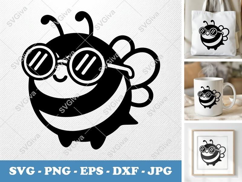 Bee wearing sunglasses SVG PNG DXF EPS | Round Bee Cut File for Cricut Silhouette