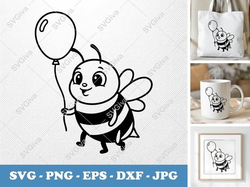 Bee with Balloon SVG | Cute Modern Bumblebee PNG EPS DXF | Cricut Silhouette Cut File | Kids Craft Digital Download
