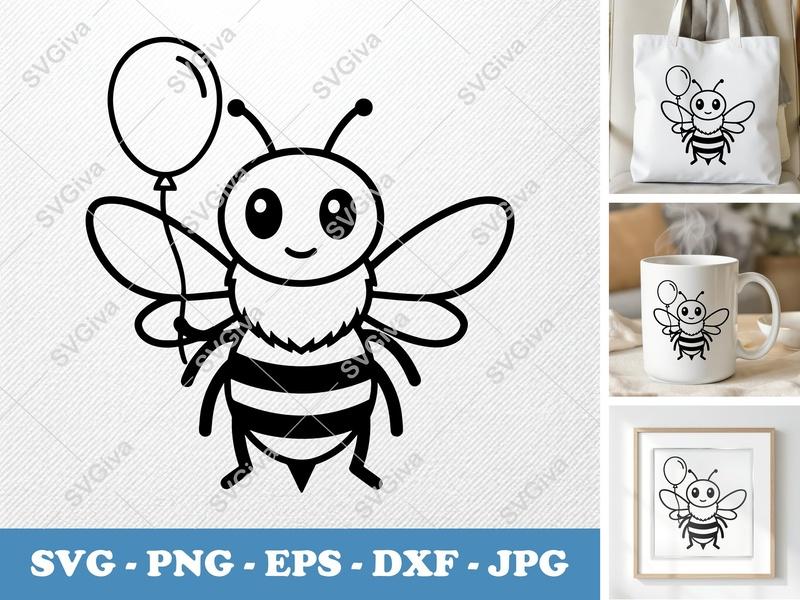 Bee with Balloon SVG PNG DXF EPS | Cricut Silhouette Cut File | Cute Insect Vector Art