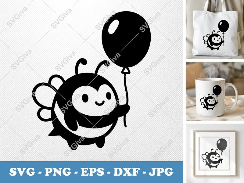 Bee with Balloon SVG PNG DXF EPS | Cute Bee Cut File for Cricut Silhouette | Animal Vector Art