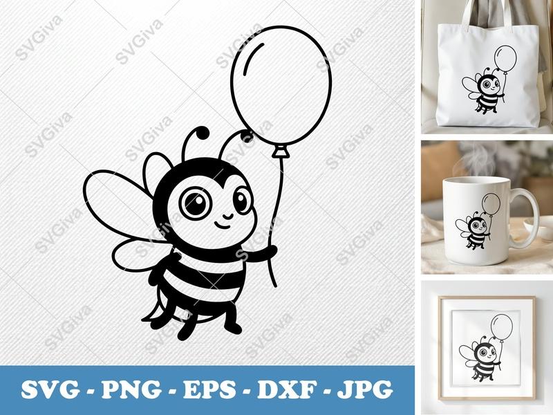 Bee with Balloon SVG PNG DXF EPS | Cute Bee Cut File for Cricut Silhouette | Kids Craft Design