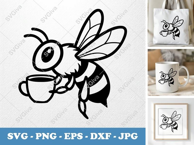 Bee with Coffee Cup SVG | Bold Contour, Simple Character Design | PNG, DXF, EPS | Cricut & Silhouette Cut File