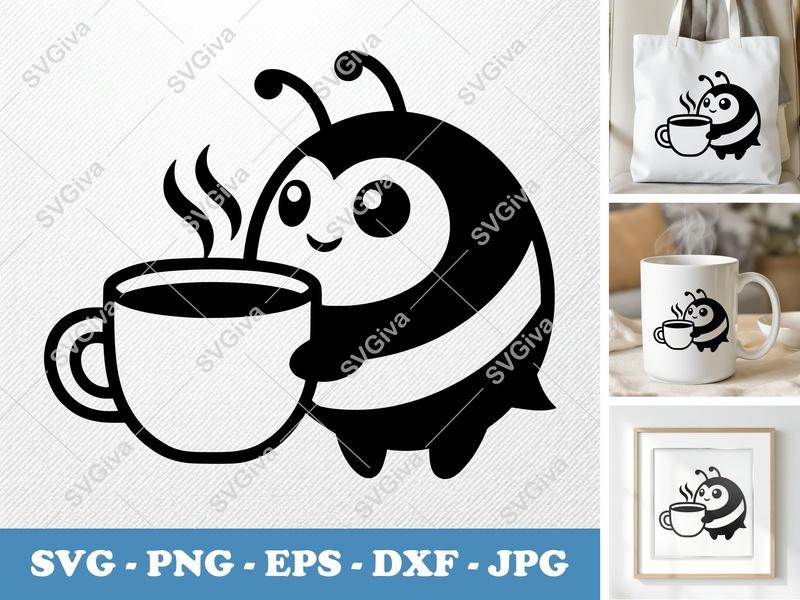 Bee with Coffee Cup SVG | Friendly Rounded Cartoon Bee PNG DXF EPS | Cricut Silhouette Cut File