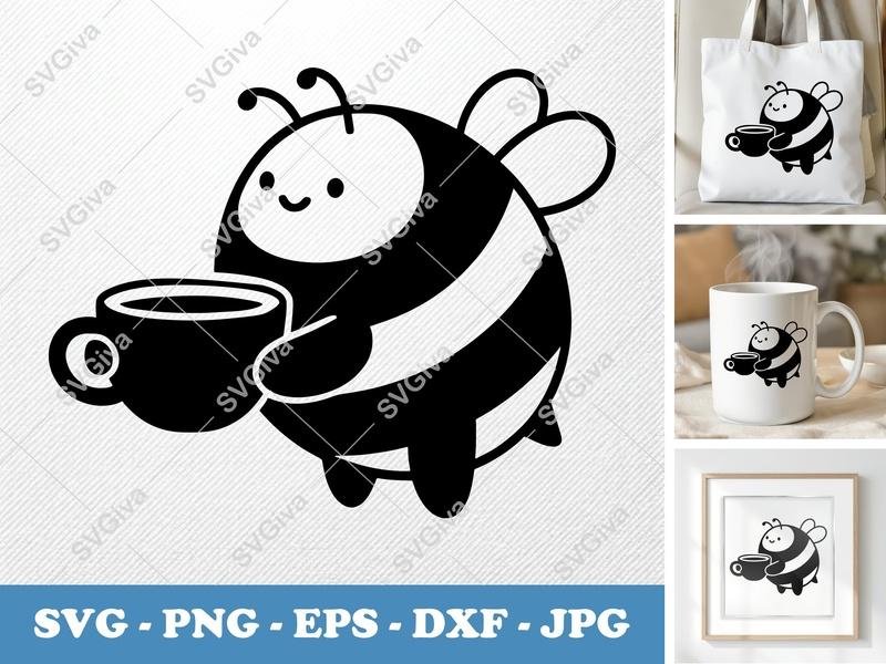Bee with Coffee Cup SVG | Puffy Soft Forms | PNG DXF EPS | Cricut Silhouette | Cute Morning Buzz