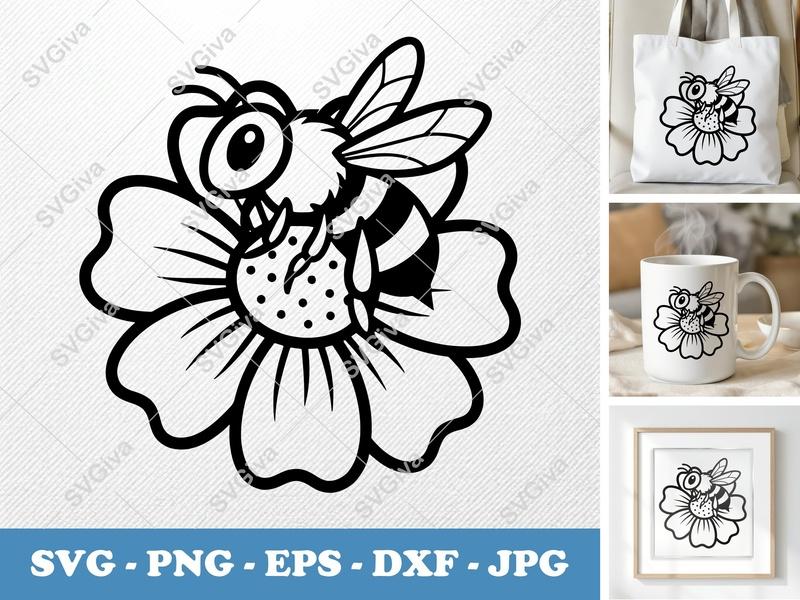 Bee with Flower SVG | Bold Contour, Clean Fill | Simple Character Design | PNG DXF EPS | Cricut Silhouette Cut File