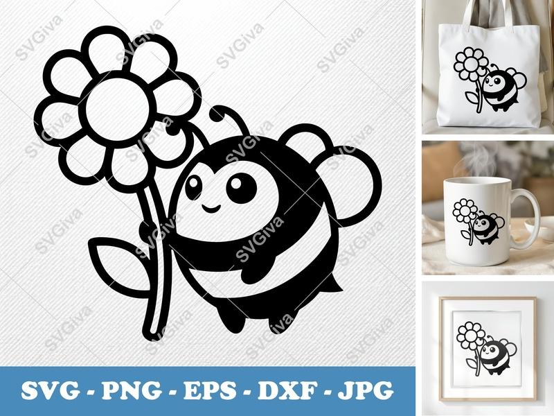 Bee with Flower SVG | Friendly Rounded Bean-Shaped Bee | PNG DXF EPS | Cricut Silhouette Cut File