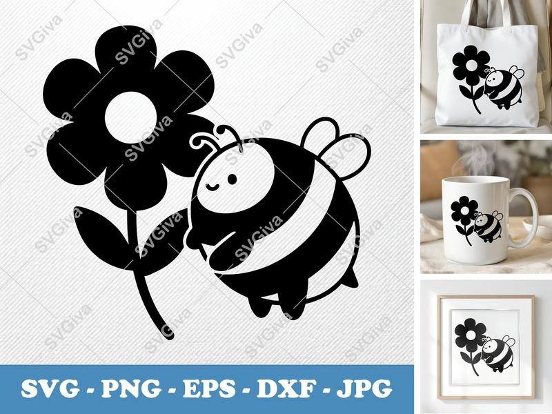 Bee with Flower SVG | Puffy Soft Shapes | Inflated Pillow Art | PNG DXF EPS | Cricut Silhouette File