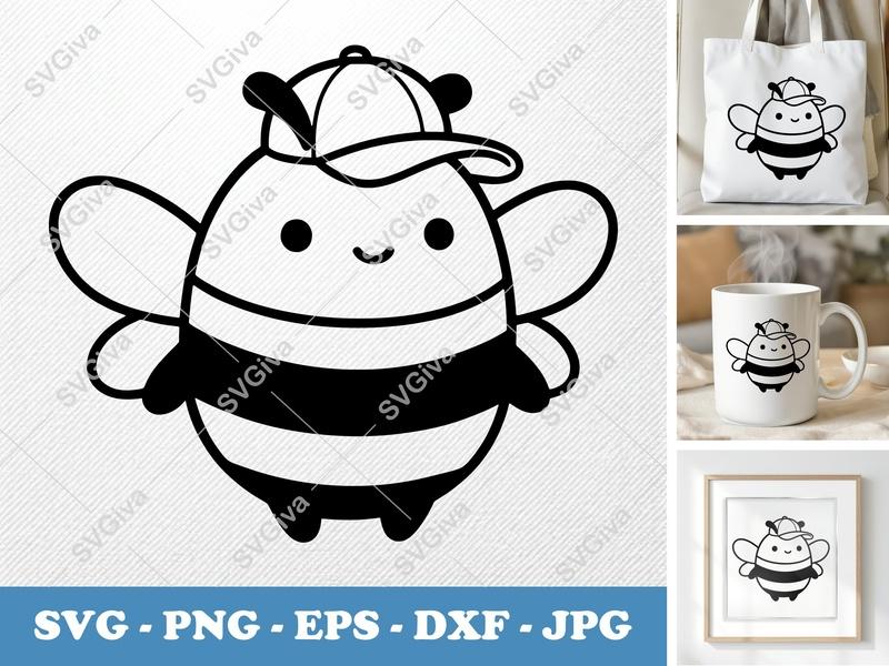 Bee with Hat SVG | Cute Modern Bee Clipart | PNG EPS DXF | Cricut Silhouette File | Honey Bee Vector
