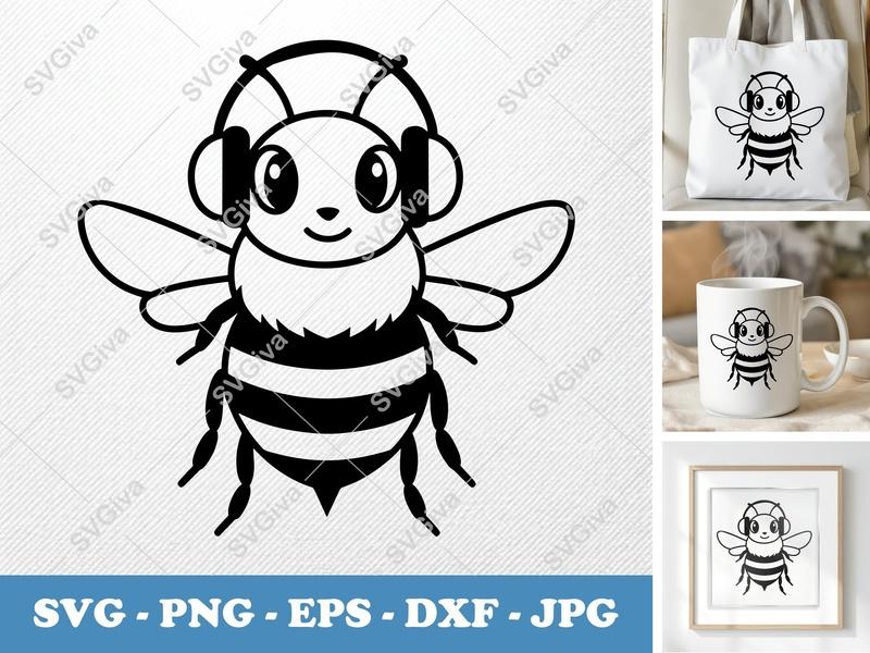 Bee with Headphones SVG | Bold Minimalist Character | Black Contour White Fill | PNG DXF EPS | Cricut Silhouette Cut File