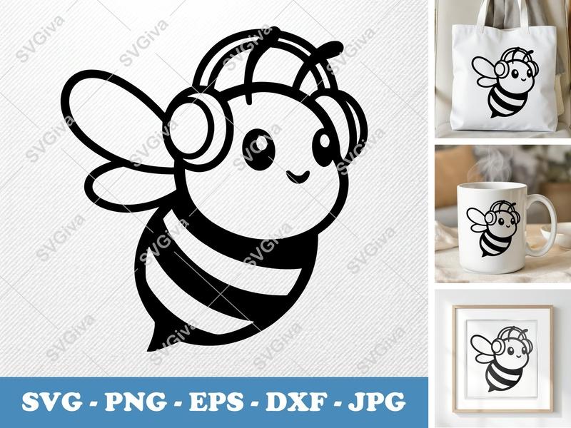 Bee with Headphones SVG | Modern Music Bee PNG EPS DXF | Cute Insect Cut File for Cricut, Silhouette | Digital Download