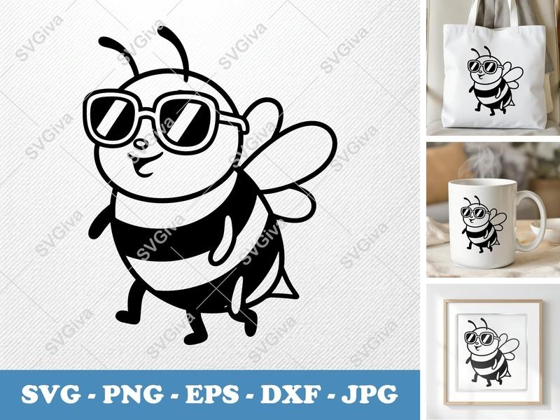 Bee with Sunglasses SVG | Modern Cartoon Bee PNG EPS DXF | Cricut & Silhouette Cut File | Cute Insect Clipart