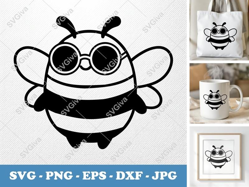 Bee with Sunglasses SVG | Modern Clean Design, Bumblebee Clipart | PNG EPS DXF for Cricut, Silhouette Cut File