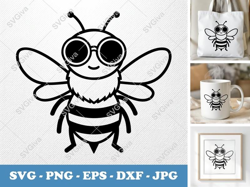 Bee with Sunglasses SVG PNG DXF EPS | Cute Bee Cut File for Cricut Silhouette | Insect Vector Art