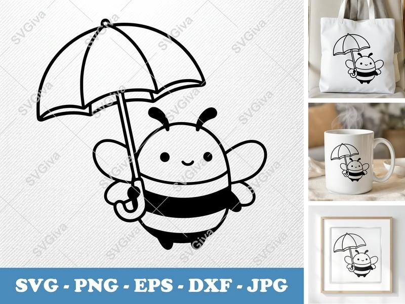 Bee with Umbrella SVG | Cute Bumblebee Outline | PNG EPS DXF | Cricut Silhouette Cut File