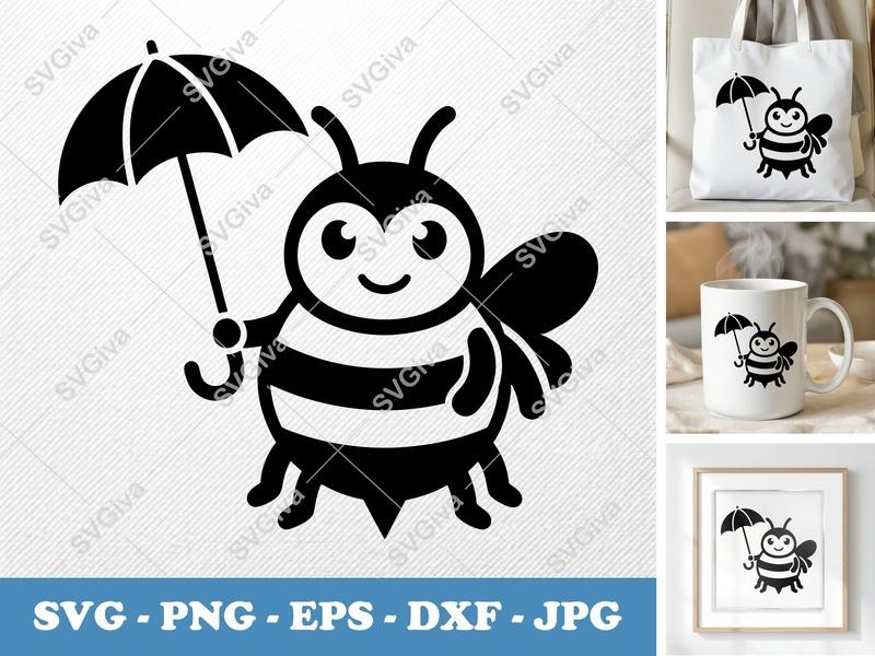 Bee with Umbrella SVG | Cute Honeybee PNG EPS DXF | Cricut Silhouette File | Modern Bumblebee Design | Cartoon Insect Art