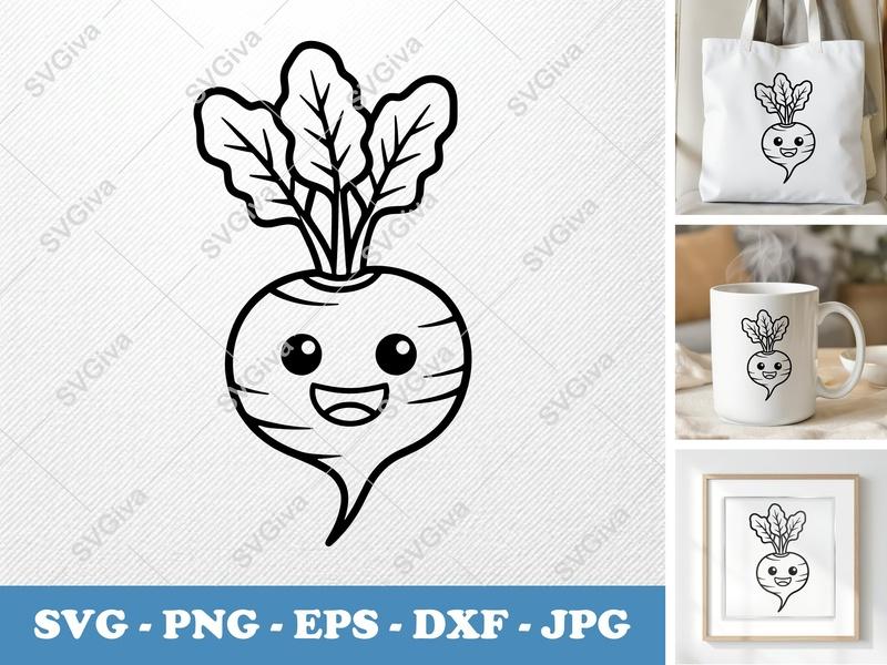 Beet SVG Kawaii Vegetable Outline, Happy Beetroot Cut File | PNG EPS DXF for Cricut, Silhouette | Modern Farm Produce Clipart