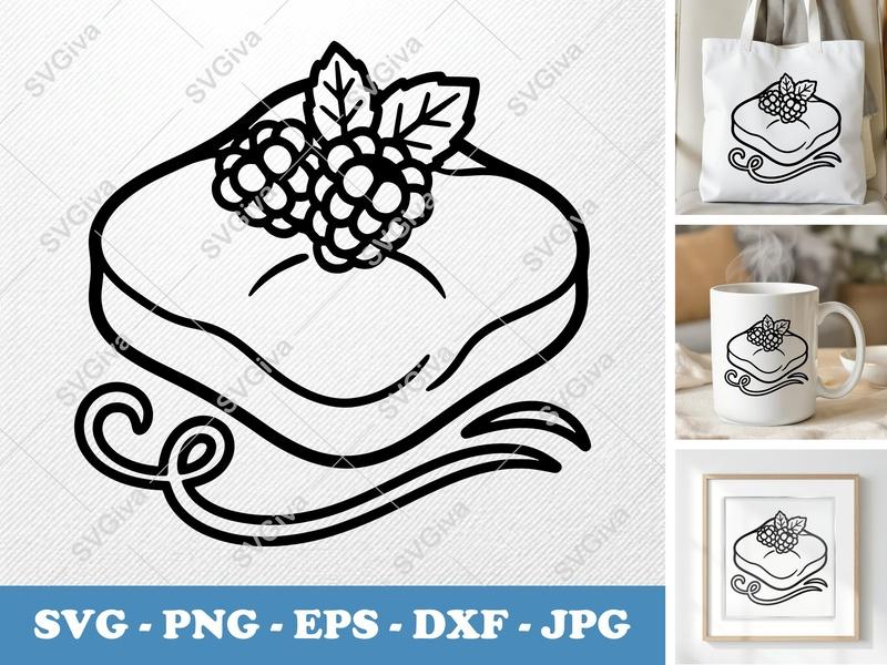 Beignet SVG with Berries & Leaves | Modern Cafe Food Outline | PNG EPS DXF for Cricut, Silhouette Cut File