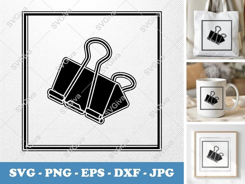 Binder Clips isometric angle SVG, Solid Black Fill, White Contour, Thick Stroke, PNG EPS DXF for Cricut Silhouette
