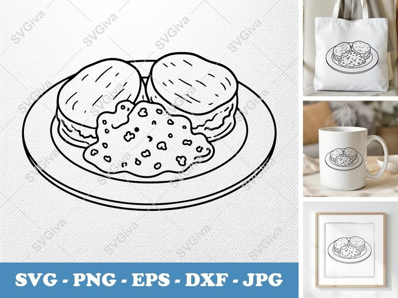 Biscuits And Gravy SVG, Southern Food PNG, Breakfast EPS, Brunch DXF, Plate Cut File for Cricut, Silhouette