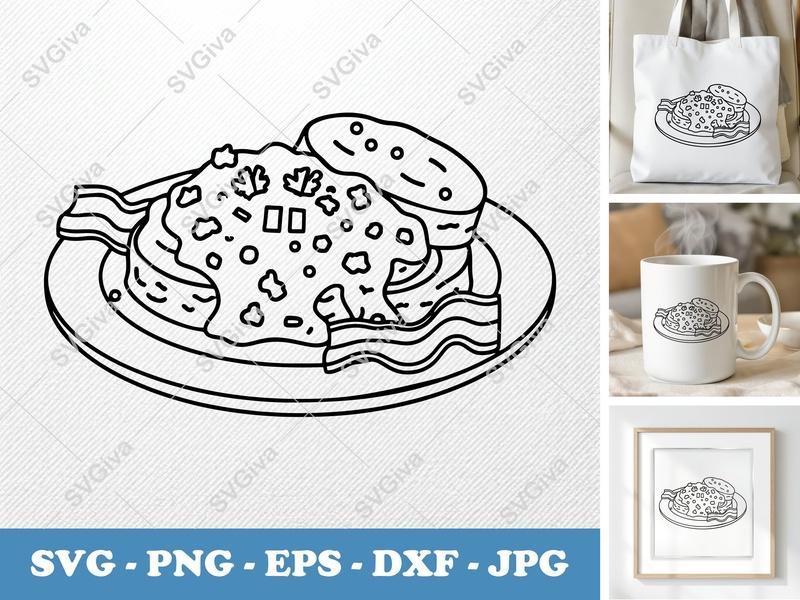 Biscuits and Gravy with Garnish SVG | Minimalist Food Outline | Bold Black Contour, Clean White Fill | PNG DXF EPS | Cricut Silhouette