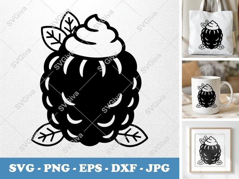 Blackberry SVG | Modern Fruit Design with Whipped Cream & Leaves | PNG EPS DXF | Cricut Silhouette File