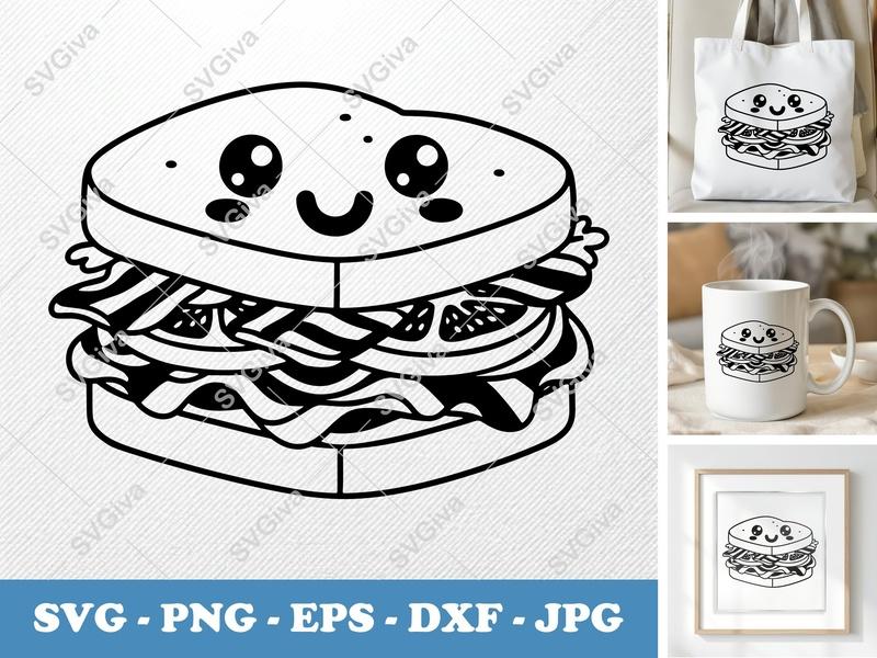 Blt Kawaii Sandwich SVG, Cute Food PNG, EPS, DXF Cut File for Cricut & Silhouette, Modern Clean Design, Digital Download