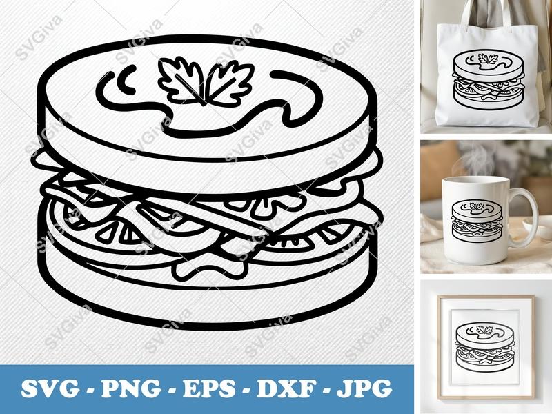Blt Sandwich SVG, Modern Clean Food Cut File, Outline BLT | PNG EPS DXF for Cricut, Silhouette | Kitchen Design