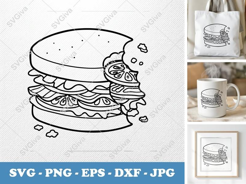 Blt SVG Cut File | Modern Bitten Sandwich Design | PNG EPS DXF for Cricut, Silhouette, Food Clip Art