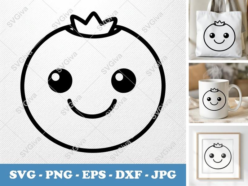 Blueberries Kawaii SVG, Cute Berry Outline, Smiley Face Fruit PNG EPS DXF for Cricut & Silhouette, Digital Cut File