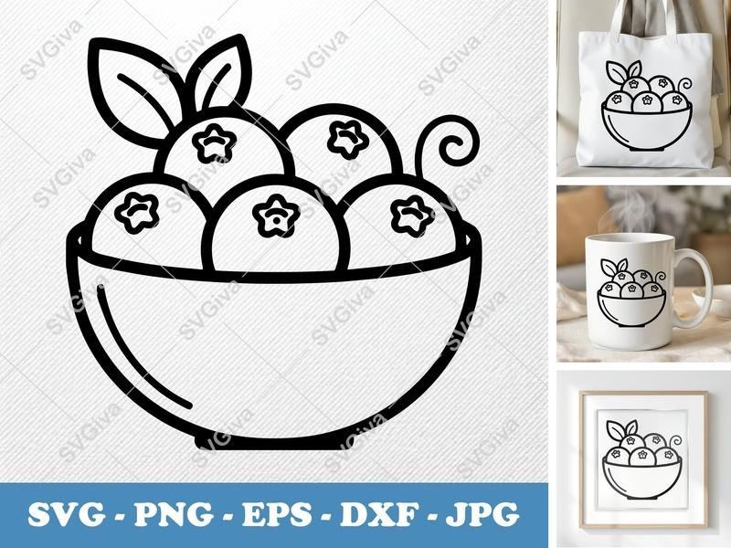 Blueberries SVG, Bowl of Berries Cut File, Modern Fruit Clipart, PNG EPS DXF for Cricut & Silhouette