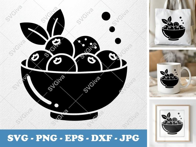 Blueberries SVG | Bowl with Berries & Leaves | Modern Fruit Clipart | PNG EPS DXF for Cricut, Silhouette