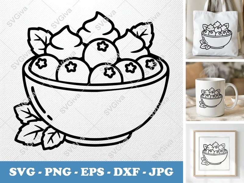 Blueberries SVG, Bowl with Whipped Cream & Mint Leaves | PNG EPS DXF | Cricut & Silhouette Cut File | Modern Fruit Clipart