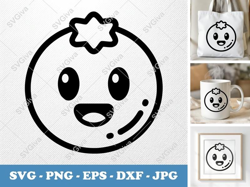 Blueberries SVG, Cute Kawaii Berry Face Outline, PNG EPS DXF for Cricut & Silhouette, Fruit Clipart Vector Design