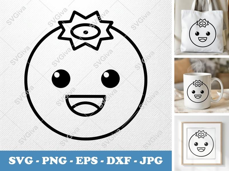 Blueberries SVG, Kawaii Berry Cut File, Happy Fruit PNG, EPS, DXF for Cricut & Silhouette, Modern Food Clipart