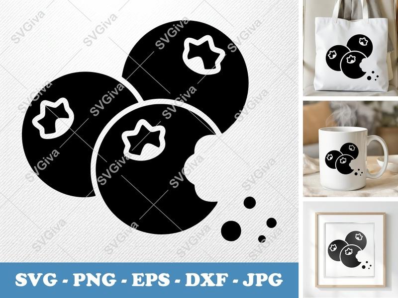 Blueberries SVG, Modern Berry Cut File with Bite, Fruit Clipart PNG EPS DXF for Cricut, Silhouette