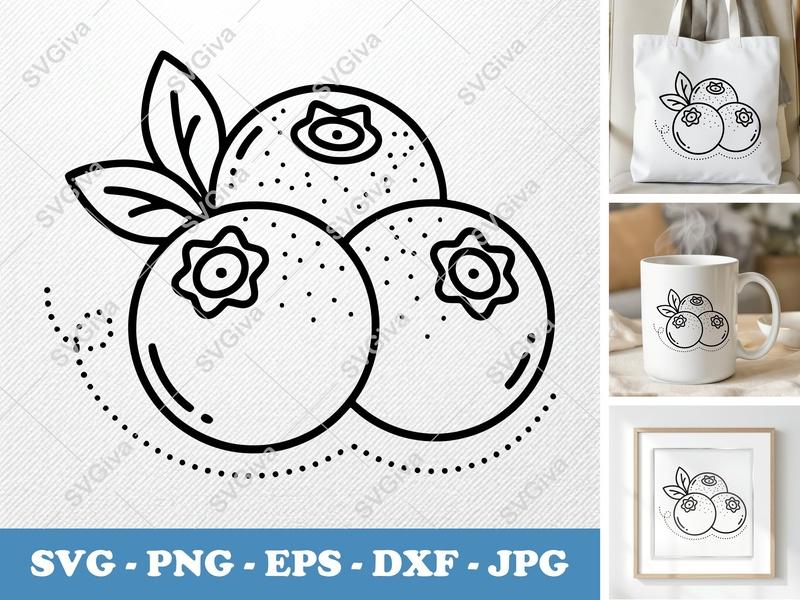 Blueberries SVG, Modern Berry Outline, Leaves, Dots | PNG EPS DXF | Cricut Silhouette Fruit Cut File