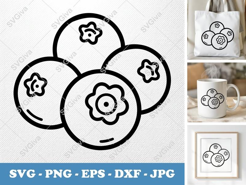 Blueberries SVG, Modern Fruit Outline, Berry Clip Art PNG EPS DXF, Cricut Silhouette Cut File, Food Vector