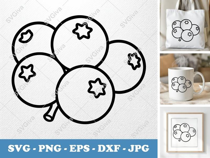 Blueberries SVG, Modern Fruit Outline, Berry Clipart PNG EPS DXF for Cricut & Silhouette, Digital Cut File