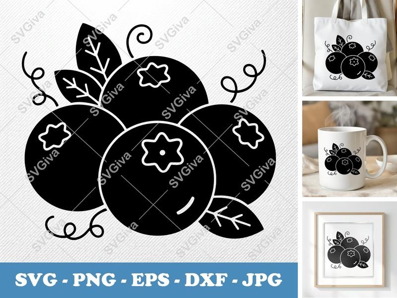 Blueberries SVG with leaves and tendrils | PNG DXF EPS Cut File for Cricut Silhouette