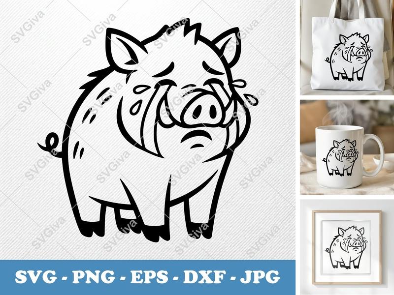 Boar Crying SVG | Minimalist Cartoon Vector | Bold Outline Clean Fill | PNG DXF EPS | Cricut Silhouette File